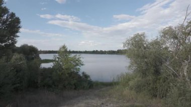Su kıyısındaki doğal manzara. Göl kıyısı. Sudaki bulutların yansıması. Nehirle akşam manzarası. Denize doğru yürü. Su yüzeyi. Ukrayna. Düz renk profilli 4k video. D-Günlük M.