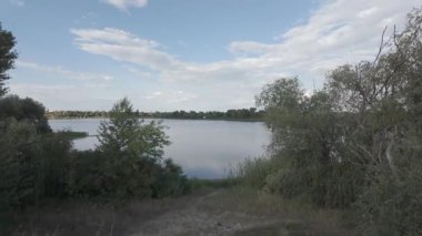 Su kıyısındaki doğal manzara. Göl kıyısı. Sudaki bulutların yansıması. Nehirle akşam manzarası. Denize doğru yürü. Su yüzeyi. Ukrayna. Düz renk profilli 4k video. D-Günlük M.