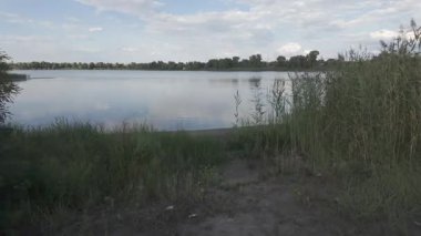 Su kıyısındaki doğal manzara. Göl kıyısı. Sudaki bulutların yansıması. Nehirle akşam manzarası. Denize doğru yürü. Su yüzeyi. Ukrayna. Düz renk profilli 4k video. D-Günlük M.