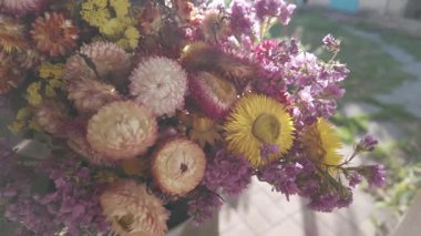 Parlak sonbahar çiçekleri. Kurumuş çiçekler. Duvarda kurumuş çiçek aranjmanı ve oda dekorunda zemin. Çiçeklerin arka planı değişiyor. Saha kurumuş iç organ.