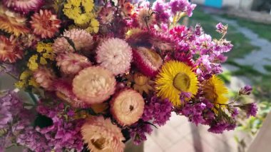 Parlak sonbahar çiçekleri. Kurumuş çiçekler. Duvarda kurumuş çiçek aranjmanı ve oda dekorunda zemin. Çiçeklerin arka planı değişiyor. Saha kurumuş iç organ.