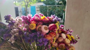 Parlak sonbahar çiçekleri. Kurumuş çiçekler. Duvarda kurumuş çiçek aranjmanı ve oda dekorunda zemin. Çiçeklerin arka planı değişiyor. Saha kurumuş iç organ.