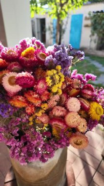 Parlak sonbahar çiçekleri. Kurumuş çiçekler. Duvarda kurumuş çiçek aranjmanı ve oda dekorunda zemin. Çiçeklerin arka planı değişiyor. Saha kurumuş iç organ.