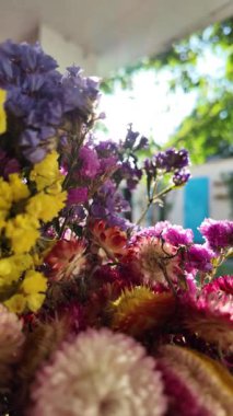 Parlak sonbahar çiçekleri. Kurumuş çiçekler. Duvarda kurumuş çiçek aranjmanı ve oda dekorunda zemin. Çiçeklerin arka planı değişiyor. Saha kurumuş iç organ.