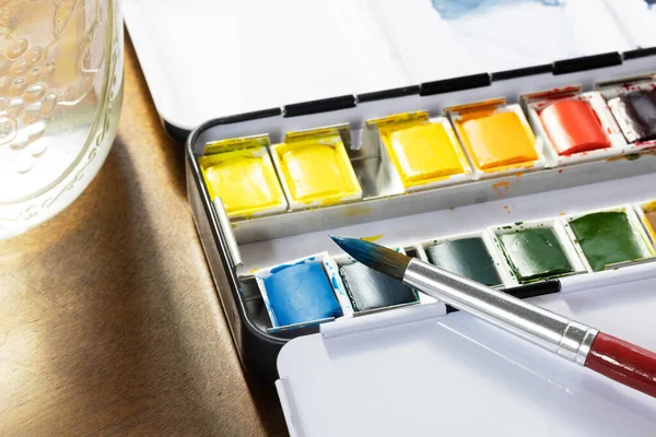 Watercolor Tin Pans Colorful Paint Brush Blue Paint Tip Imagen de archivo
