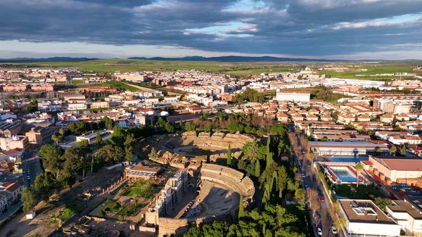 Letecký Pohled Staré Římské Divadlo Španělské Kulturní Ikony Merida Španělsku Stock Snímky
