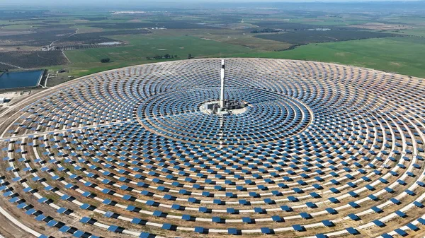 Aerial view of solar Plant in Seville, Spain. Renewable energy. Solar energy. Green energy.