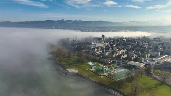 Uitzicht Vanuit Lucht Arbon Een Stad Langs Bodensee Zwitserland Bij Rechtenvrije Stockfoto's