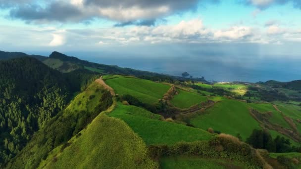 Drone Survolant Les Montagnes Verdoyantes Île Sao Miguel Dans Océan — Video