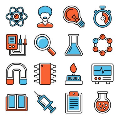 Beyaz Arkaplanda Bilim Simgeleri Ayarlandı. Vektör illüstrasyonu