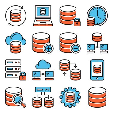 Veritabanı ve Bulut Ağı Simgeleri Beyaz Arkaplanda Ayarlandı. Vektör illüstrasyonu