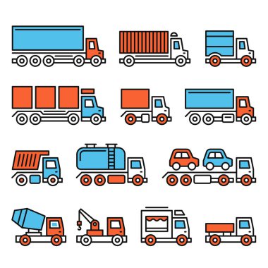 Beyaz Arkaplanda Ticari Minibüs ve Kamyon Simgeleri. Vektör illüstrasyonu