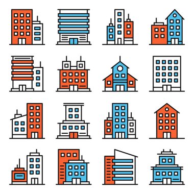 Şirket Binaları Simgeleri Beyaz Arkaplanda Ayarlandı. Vektör illüstrasyonu