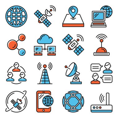 Beyaz Arkaplanda Kablosuz İletişim ve Uydu Simgeleri Ayarlandı. Vektör illüstrasyonu