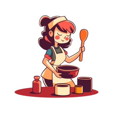 Young Woman Cooking in the Kitchen on White Background. Vector illustration