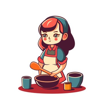 Young Woman Cooking in the Kitchen on White Background. Vector illustration