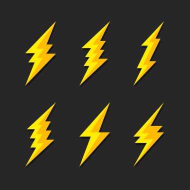 Gök gürültüsü ve cıvata aydınlatma Icons Set Flash. Düz Stil Koyu arka plan üzerinde. Vektör çizim