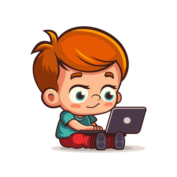 小さなかわいい男の子がノートパソコンで座っている 白い背景のコンピュータを持つ子供 ベクターイラスト — ストックベクタ
