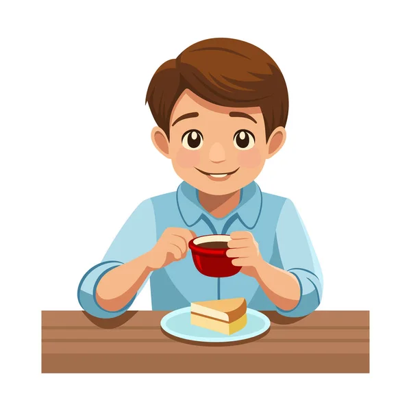 Ragazzo Carino Beve Caffe Mangia Torta Colazione Bambini Stile Cartone — Vettoriale Stock