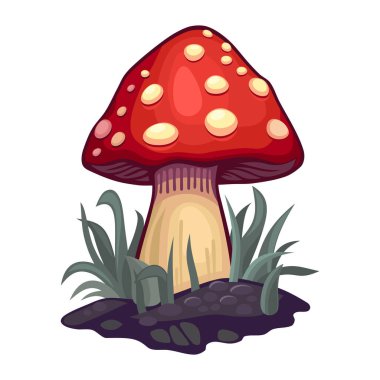 Beyaz Arkaplanda Yeşil Çimenli Orman Mantarı. Vektör illüstrasyonu