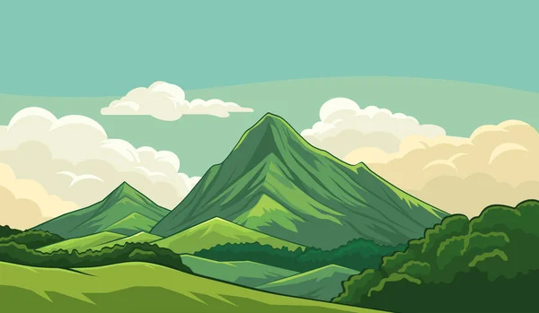 Vista Panorámica Las Montañas Prados Verdes Nubes Ilustración Vectorial Ilustración De Stock