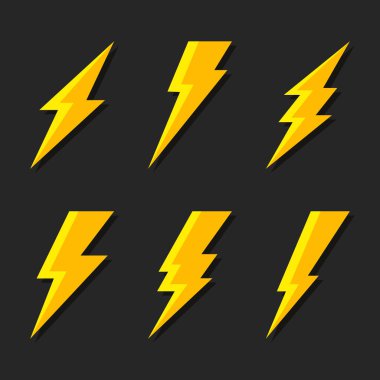 Gök gürültüsü ve cıvata aydınlatma Icons Set Flash. Düz Stil Koyu arka plan üzerinde. Vektör çizim