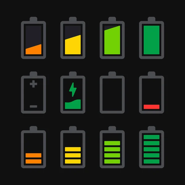 Icônes Batterie Réglées Sur Fond Noir Vecteur — Image vectorielle