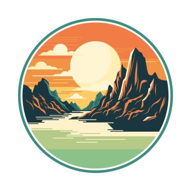 Mountain ve River Logo Şablonu. Doğa Seyahat Amblemi. Vektör illüstrasyonu