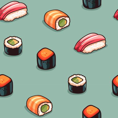 Suşi kusursuz desen. Geleneksel Japon Yemekleri. Rolls ve Nigiri. Vektör illüstrasyonu
