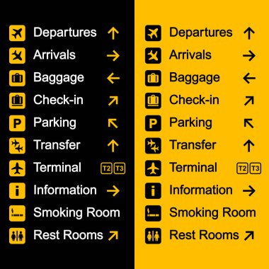 Havalimanı tabelası hazır. Ayrılış ve Geliş Simgeleri. Vektör illüstrasyonu