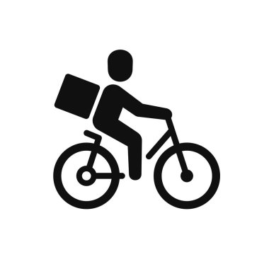 Yemek Teslimatı Simgesi. Bisikletli ve Paketli Adam. Vektör illüstrasyonu