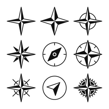 Pusula. Rüzgar Gülü. Seyrüsefer Simgeleri Ayarlandı. Vektör illüstrasyonu