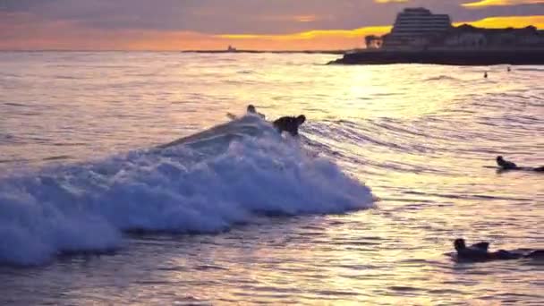Surfing Spain Sitges Town Sunset High Quality Footage — Vídeo de Stock