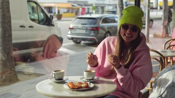 Girl Drinks Coffee Small Cup Cafe High Quality Footage — Vídeo de Stock