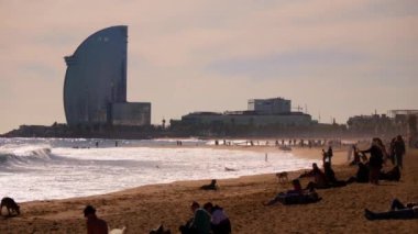 Barcelona beach, big waves at sunset. High quality 4k footage