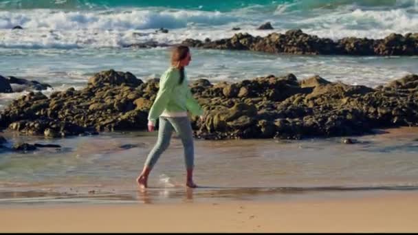 Das Mädchen Geht Vor Dem Hintergrund Der Wellen Des Tosenden — Stockvideo