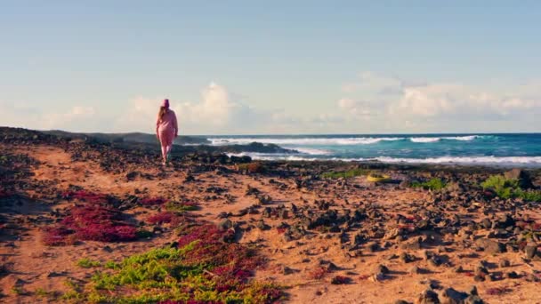 Uma Rapariga Caminha Longo Costa Vulcânica Pôr Sol Imagens Alta — Vídeo de Stock