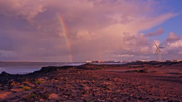 Wind Generator Sky Rainbow Coastline Island Rocky Shore High Quality — Stock Video