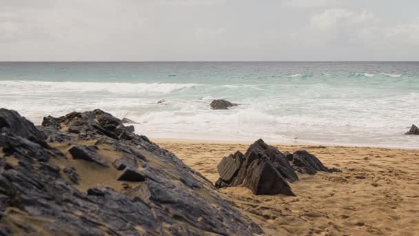 狂野的海滩 巨大的岩石 海浪冲刷着海岸 高质量的4K镜头 — 图库视频影像