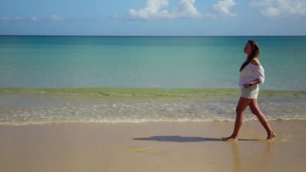 Красивая Девушка Гуляет Белоснежному Пляжу Синему Морю Высококачественные Кадры — стоковое видео