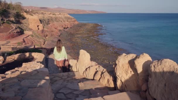 Κορίτσι Κατεβαίνει Σκαλιά Του Αρχαίου Τείχους Του Κάστρου Υψηλής Ποιότητας — Αρχείο Βίντεο