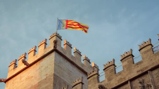 Witness Proud Flag Valencia Gracefully Waving Atop Fortress Tower Symbolizing — Stock Video