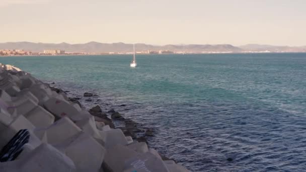 Pier Breakwaters Distance Yacht Valencia High Quality Footage — Stock Video
