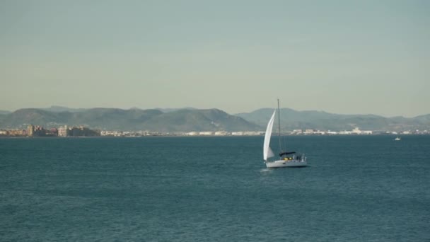 Marvel Stunning Sight Yacht Picturesque Backdrop Valencias Beautiful Coast High — Stock Video