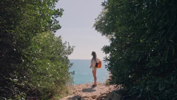 Μια Γυναίκα Σακίδιο Που Περπατάει Στο Μονοπάτι Προς Τον Ωκεανό — Αρχείο Βίντεο