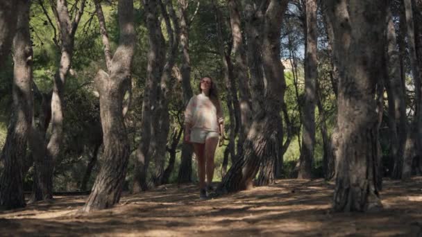 Μια Γυναίκα Που Περπατά Μέσα Ένα Δάσος Πολλά Δέντρα — Αρχείο Βίντεο