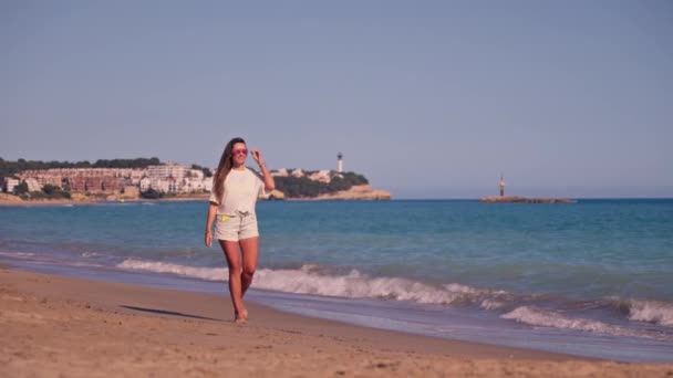 Eine Frau Steht Strand Meer — Stockvideo