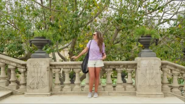 一个女人站在桥上 手插在口袋里 高质量的4K镜头 — 图库视频影像