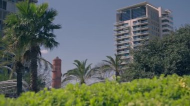 Yüksek bir bina yemyeşil bir parkın yanında duruyor.