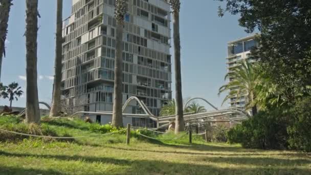 緑豊かな公園の隣に建つ高層ビル — ストック動画